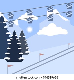 Winter vacation flat design landscape. Ski mountains with funiculars. 