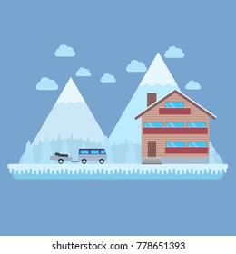Winter vacation flat landscape. The concept of the ski resort scene. Winter landscape in flat design with van, trailer, snowmobile, mountain, house and snow. Vector image