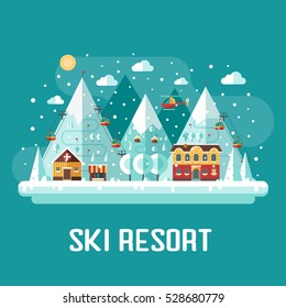 Winter vacation flat landscape. Mountain ski resort concept scene. Winter time landscape in flat design with funiculars, mountains, medicine tent, house and snow. Snow time concept background.