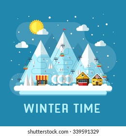 Winter vacation flat landscape. Ski mountain resort concept scene. Winter time landscape in flat design with funiculars, mountains, medicine tent, house and snow. Snow time concept background.