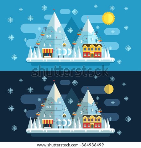 Winter vacation flat landscape. Ski mountain resort  concept at day and night. Winter time evening and morning landscape in flat design with funiculars, mountains, hotel and snow. 