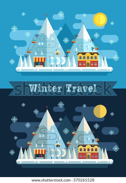 Winter vacation flat landscape. Ski mountain\
winter resort day and night. Winter time poster evening and morning\
winter landscape  with funiculars, mountains, hotel and snow.\
Vector winter concept.
