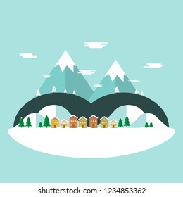 Winter vacation flat landscape.Winter time concept background in flat design 
with houses,mountains and snowman.