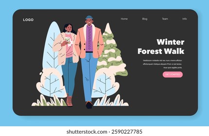 Winter vacation in a forest setting features a couple enjoying a scenic walk surrounded by snow-covered trees. This illustration captures the joy and tranquility of a winter getaway while exploring