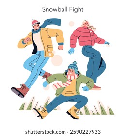 Winter vacation fun captured in a playful snowball fight. Friends enjoy exciting moments outdoors, dressed in colorful winter attire, surrounded by a snowy landscape. Great for seasonal themes.