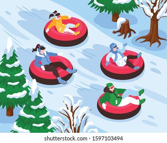 Winter vacation holiday resort outdoor activities for everyone isometric composition with snow tubing park fun vector illustration 