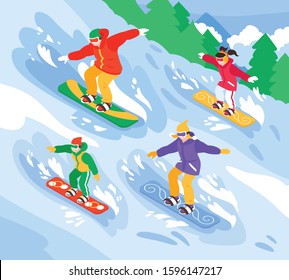 Winter vacation holiday sport resort outdoor activities isometric composition with family downhill snowboarding fun vector illustration 