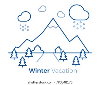 Winter vacation iconographic design. Vector illustration with mountains, trees, road, houses and snowy clouds