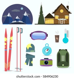 Winter vacation icons set in flat design.