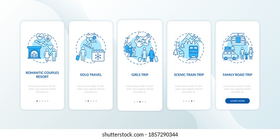 Winter vacation ideas onboarding mobile app page screen with concepts. Romantic couples resort, solo travel walkthrough 5 steps graphic instructions. UI vector template with RGB color illustrations