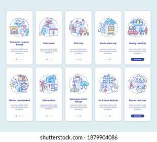 Winter vacation ideas and places onboarding mobile app page screen with concepts set. Family, solo travel walkthrough 5 steps graphic instructions. UI vector template with RGB color illustrations