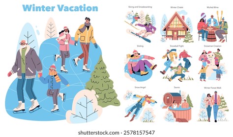 Winter vacation illustration. Enjoy various winter activities with family and friends such as skiing, snowboarding, ice skating, and making snowmen. Celebrate the joy and fun of the snowy season