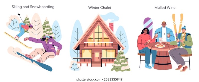 Winter vacation illustration features skiing, snowboarding, a cozy chalet, and friends enjoying mulled wine. Capture the excitement of winter sports and relaxation in a festive atmosphere. Vector