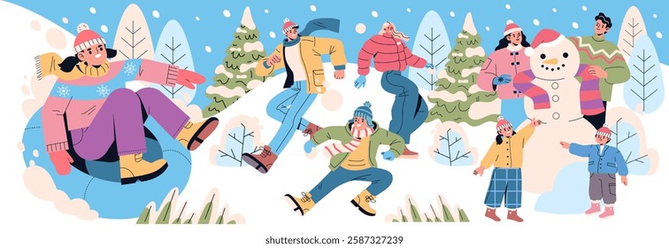 Winter vacation illustration featuring people enjoying outdoor activities like sledding, snowman building, and playing in the snow. A scene full of joy and festive winter spirit among snowy landscapes