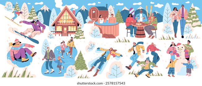 Winter Vacation illustration. A joyful winter scene filled with fun activities like skiing, snowboarding, ice skating, and cozy gatherings around a cabin, creating a warm atmosphere of seasonal