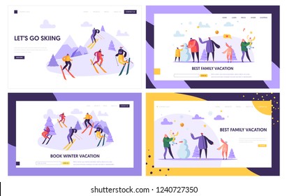 Winter Vacation Landing Page Template. Active People Characters on Ski Resort, Family Holidays, Winter Sports for Web Page or Website. Vector illustration