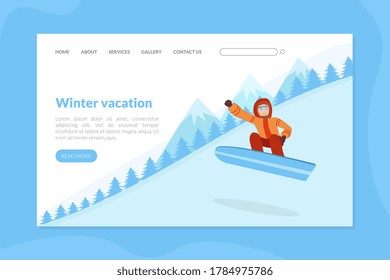 Winter Vacation Landing Page Template, Guy Dressed in Warm Clothing Jumping with Snowboard on Winter Landscape Vector Illustration