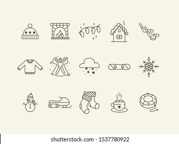 Winter Vacation Line Icon Set With Christmas Fairy Lights And Fireplace. Sweater, Snow Angel, Snowflake. Hello Winter Concept. Can Be Used For Topics Like New Year, Holidays, Outdoor Activity