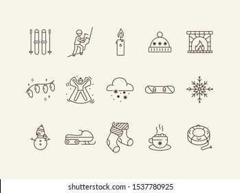 Winter vacation line icon set with ski and fireplace. Mountain climbing, candle, warm hat. Hello winter concept. Can be used for topics like New year, holidays, outdoor activity