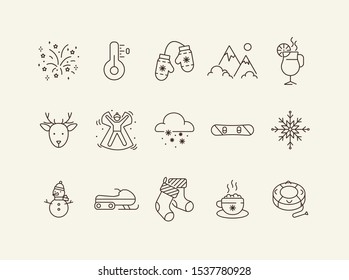 Winter vacation line icon set with firework and mittens. Thermometer, mountain, Christmas mulled wine. Hello winter concept. Can be used for topics like New year, holidays, outdoor activity