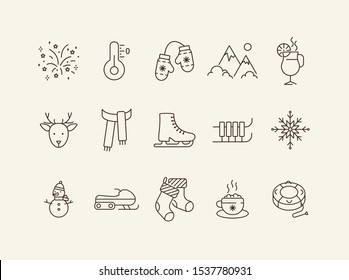 Winter vacation line icon set with Christmas stocking and snowman. Inflatable sledge, cocoa, snowmobile. Can be used for topics like New year, holidays, outdoor activity
