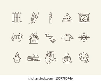 Winter vacation line icon set with cocoa and Christmas stockings. Inflatable sledge, sweater, fireplace. Can be used for topics like New year, holidays, outdoor activity