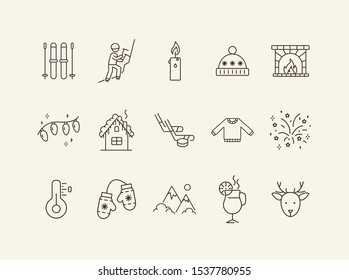 Winter vacation line icon set with warm clothes. Mountains, hot drink, mitten, fireplace. Hello winter concept. Can be used for topics like New year, holidays, outdoor activity