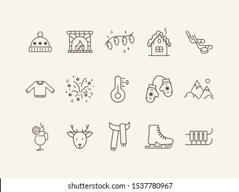 Winter vacation line icon set with Christmas firework and mittens. Sweater, thermometer, mountain. Can be used for topics like New year, holidays, outdoor activity