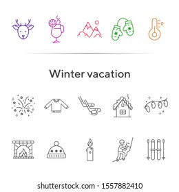 Winter vacation line icon set with warm clothes. Mountains, hot drink, mitten, fireplace. Hello winter concept. Can be used for topics like New year, holidays, outdoor activity