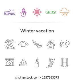 Winter vacation line icon set with snowfall and snowman. Snowboard, snowflake, snowmobile, snow angel. Hello winter concept. Can be used for topics like New year, holidays, outdoor activity