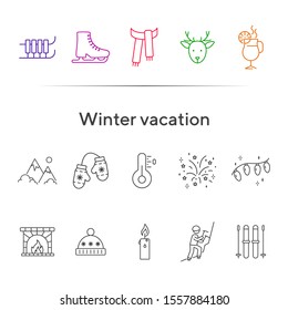 Winter vacation line icon set with Christmas reindeer and scarf. Sledge, ice skates, hot drink, mountain. Can be used for topics like New year, holidays, outdoor activity