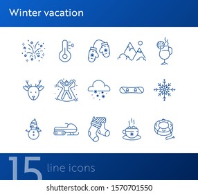 Winter vacation line icon set with firework and mittens. Thermometer, mountain, Christmas mulled wine. Hello winter concept. Can be used for topics like New year, holidays, outdoor activity