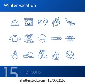 Winter vacation line icon set with Christmas fairy lights and fireplace. Sweater, snow angel, snowflake. Hello winter concept. Can be used for topics like New year, holidays, outdoor activity