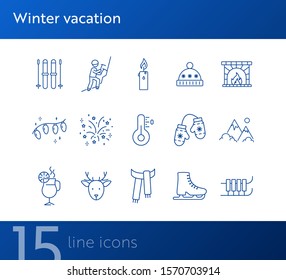 Winter vacation line icon set with Christmas reindeer and scarf. Sledge, ice skates, hot drink, mountain. Can be used for topics like New year, holidays, outdoor activity