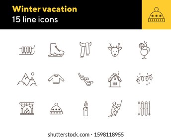 Winter vacation line icon set with house and fireplace. Fairy lights, ice hockey, mountain. Hello winter concept. Can be used for topics like New year, holidays, outdoor activity