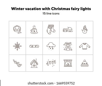Winter vacation line icon set with Christmas fairy lights and fireplace. Sweater, snow angel, snowflake. Hello winter concept. Can be used for topics like New year, holidays, outdoor activity