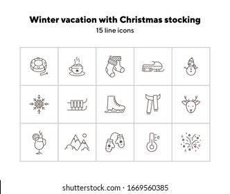Winter vacation line icon set with Christmas stocking and snowman. Inflatable sledge, cocoa, snowmobile. Can be used for topics like New year, holidays, outdoor activity