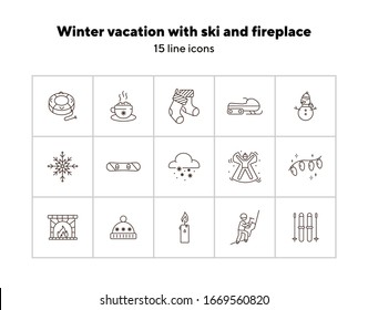 Winter vacation line icon set with ski and fireplace. Mountain climbing, candle, warm hat. Hello winter concept. Can be used for topics like New year, holidays, outdoor activity