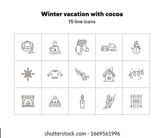 Winter vacation line icon set with cocoa and Christmas stockings. Inflatable sledge, sweater, fireplace. Can be used for topics like New year, holidays, outdoor activity