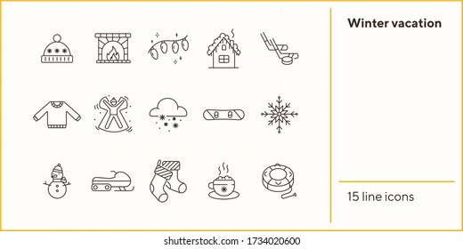 Winter vacation line icon set with Christmas fairy lights and fireplace. Sweater, snow angel, snowflake. Hello winter concept. Can be used for topics like New year, holidays, outdoor activity