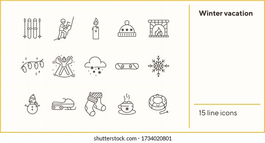 Winter vacation line icon set with ski and fireplace. Mountain climbing, candle, warm hat. Hello winter concept. Can be used for topics like New year, holidays, outdoor activity