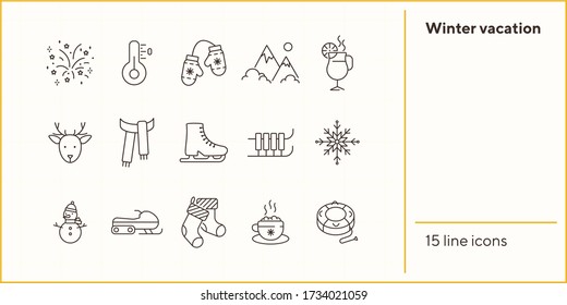 Winter vacation line icon set with Christmas stocking and snowman. Inflatable sledge, cocoa, snowmobile. Can be used for topics like New year, holidays, outdoor activity