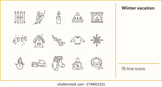 Winter vacation line icon set with cocoa and Christmas stockings. Inflatable sledge, sweater, fireplace. Can be used for topics like New year, holidays, outdoor activity