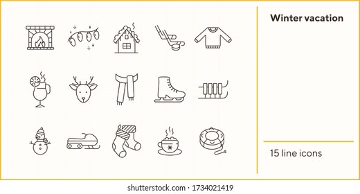 Winter vacation line icon set with ice skates and sledges. Christmas stocking, ice hockey, hot cocoa. Hello winter concept. Can be used for topics like New year, holidays, outdoor activity