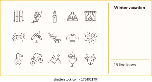 Winter vacation line icon set with warm clothes. Mountains, hot drink, mitten, fireplace. Hello winter concept. Can be used for topics like New year, holidays, outdoor activity