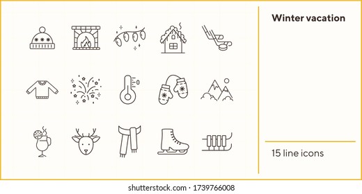 Winter vacation line icon set with Christmas firework and mittens. Sweater, thermometer, mountain. Can be used for topics like New year, holidays, outdoor activity