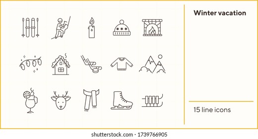 Winter vacation line icon set with house and fireplace. Fairy lights, ice hockey, mountain. Hello winter concept. Can be used for topics like New year, holidays, outdoor activity
