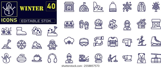 Winter vacation line icons collection. Thin outline icons pack. 