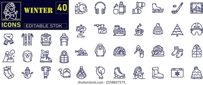 Winter vacation line icons collection. Thin outline icons pack. 