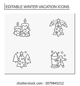 Winter vacation line icons set. Christmas atmosphere. Candles, eve, hot chocolate with gingerbread. Christmas presents. Special date. Celebration concept. Isolated vector illustration. Editable stroke